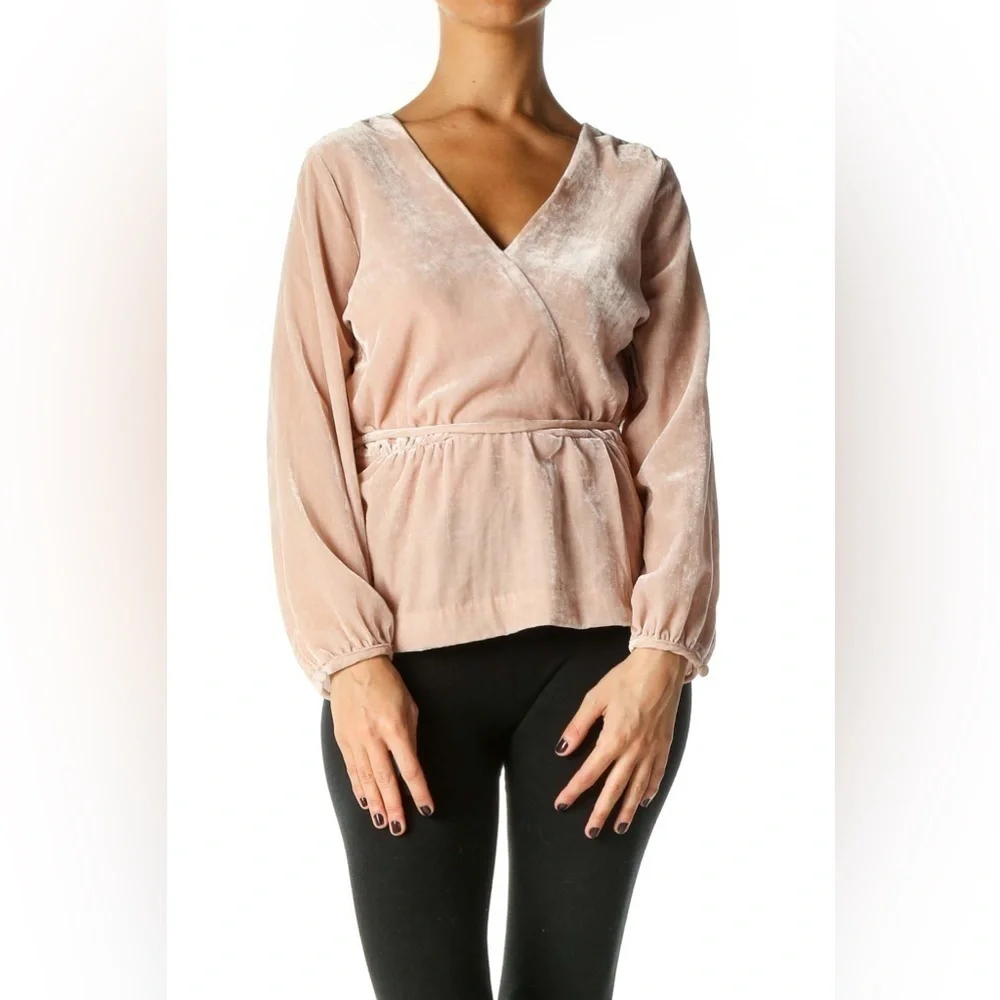 J Crew Women Blush Pink Velvet V-Neck Long Sleeve Top With Tie Size 4
